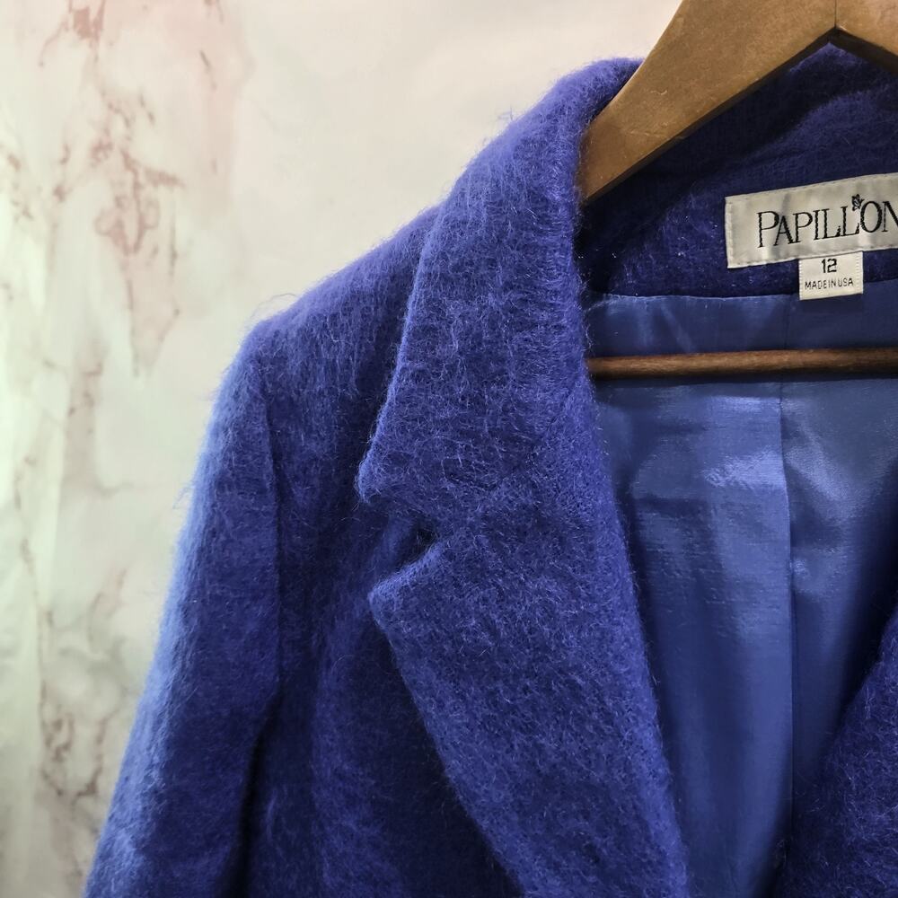 Vintage Blazer Womens Large 12 Mohair Periwinkle Wool Fuzzy 2 Button Eyelash - Picture 2 of 13